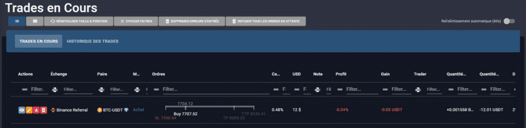 voir, modifier, annuler, panic sell les trades créés avec la plateforme de crypto trading