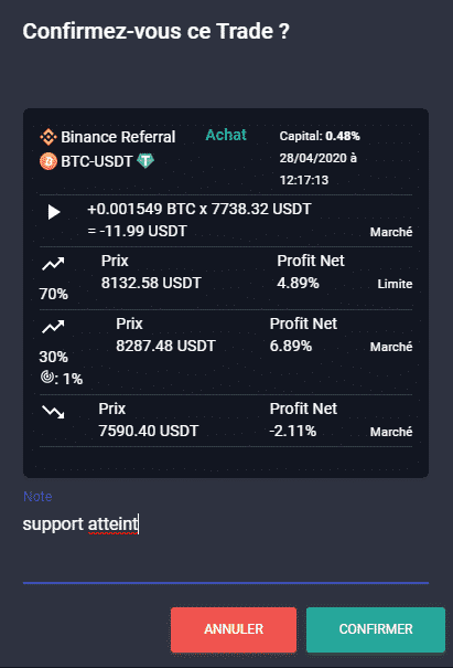 pop up de confirmation de smart trade sur le marché des cryptos