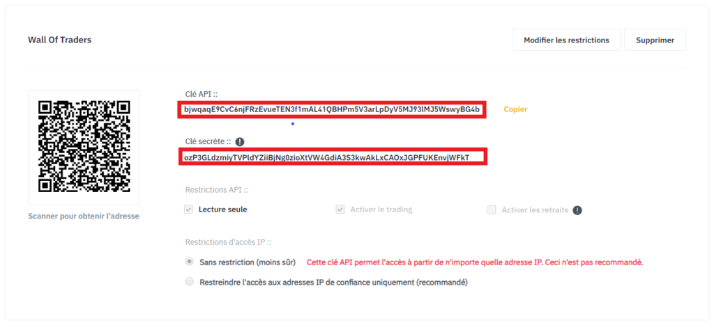 affichage d'une clé API sur Binance