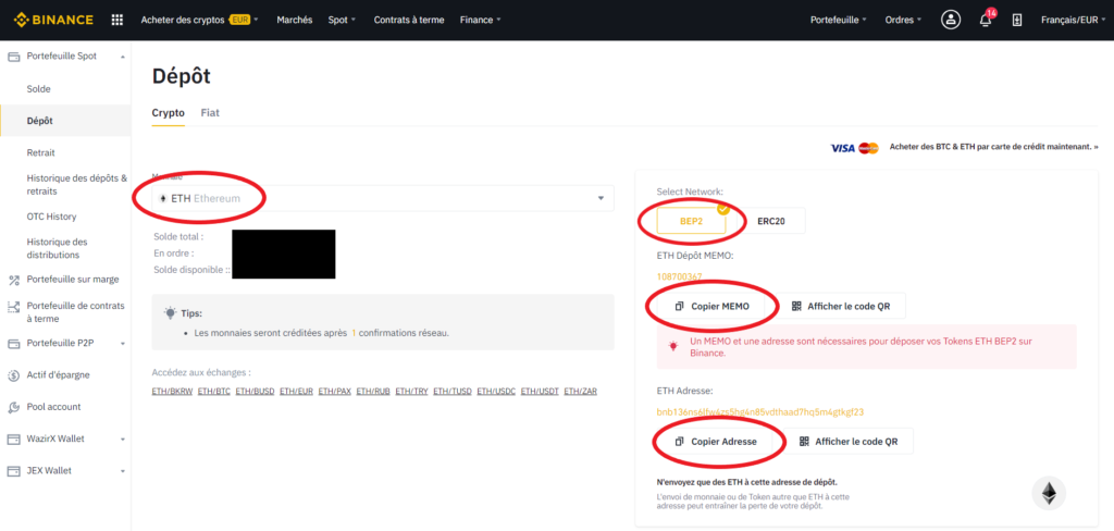 dépôt de Ethereum ETH sur Binance