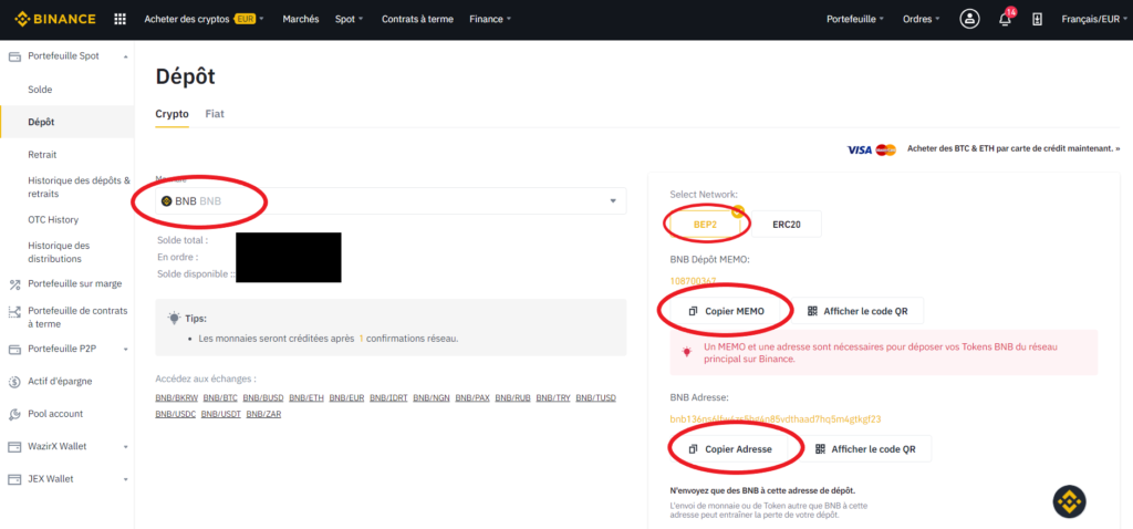 dépôt de Binance Coin BNB sur Binance