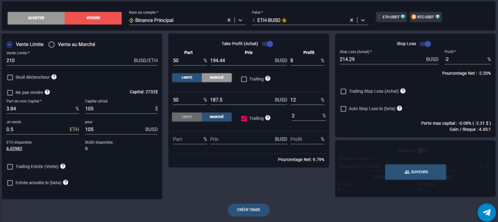 mode short avec take profit et stop loss