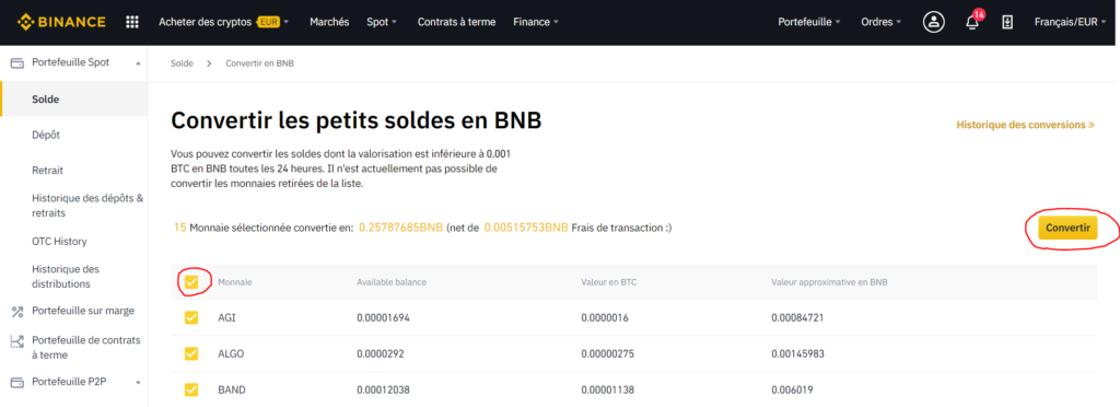 convertir ses résidus en bnb sur binance