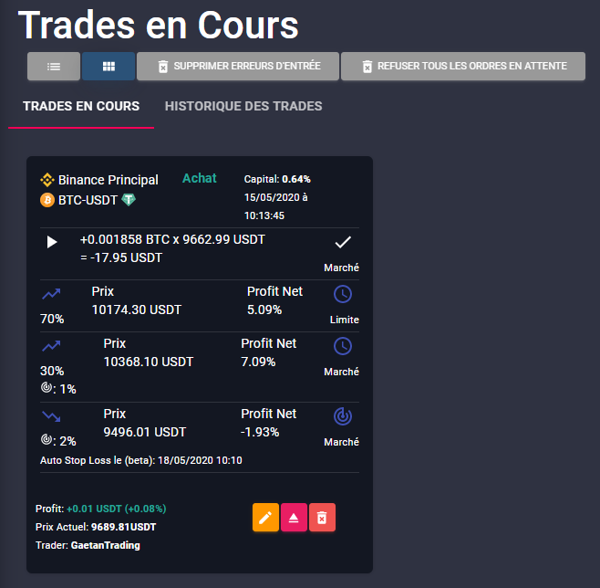 trades en cours en mode cartes