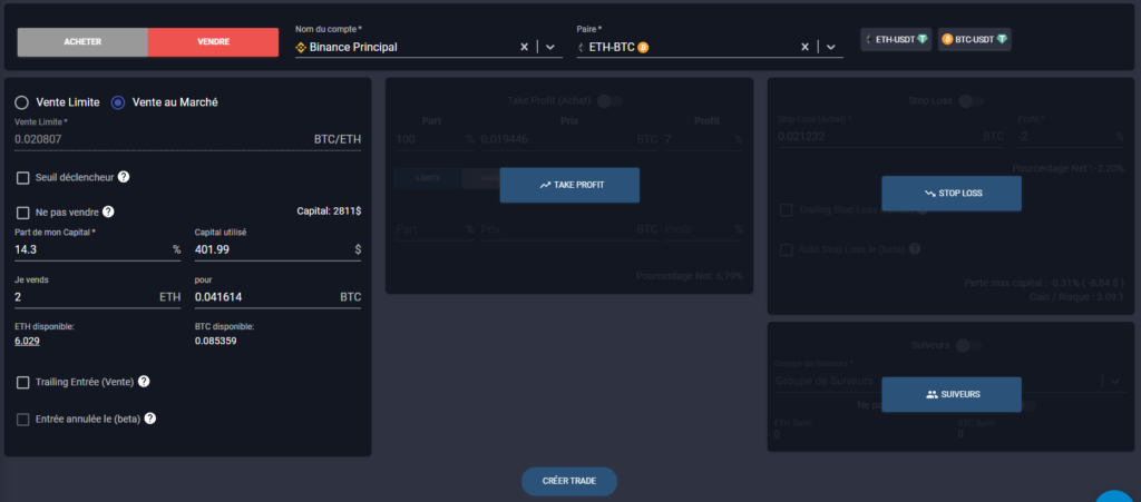 vente au marché de ETH pour BTC