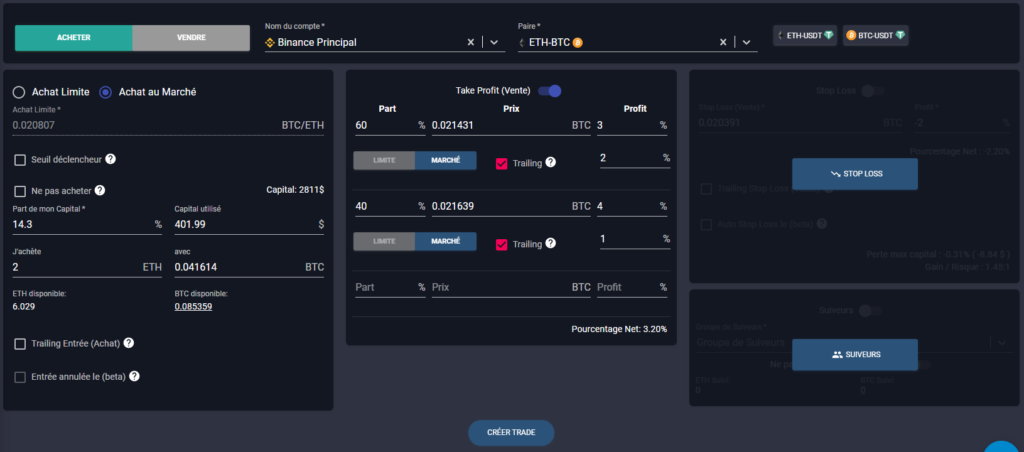 smart trading avec une entrée et deux TP trailing