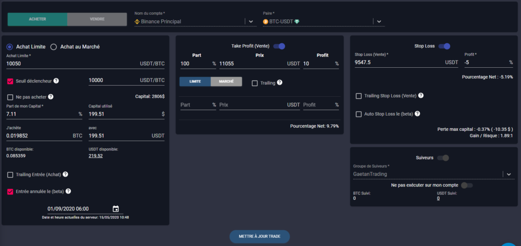 mise à jour du trade