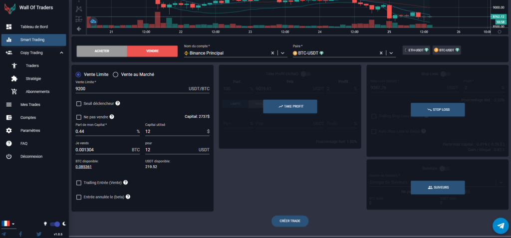 création d'un ordre vente limite sur le smart trading de wall of traders