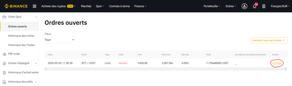 ordres ouverts sur binance