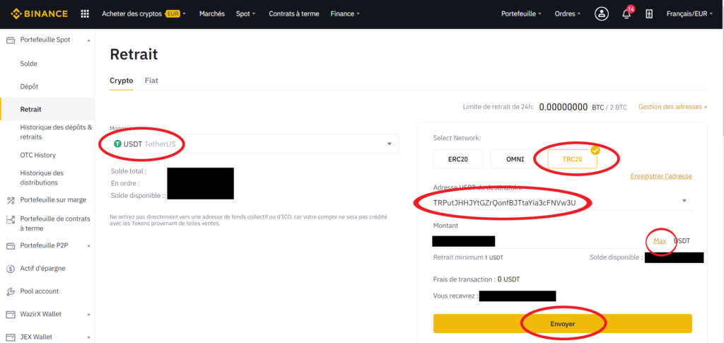 Retrait de Tether USDT sur Binance