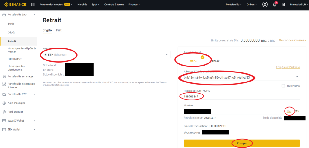 Retrait de Ethereum ETH sur Binance
