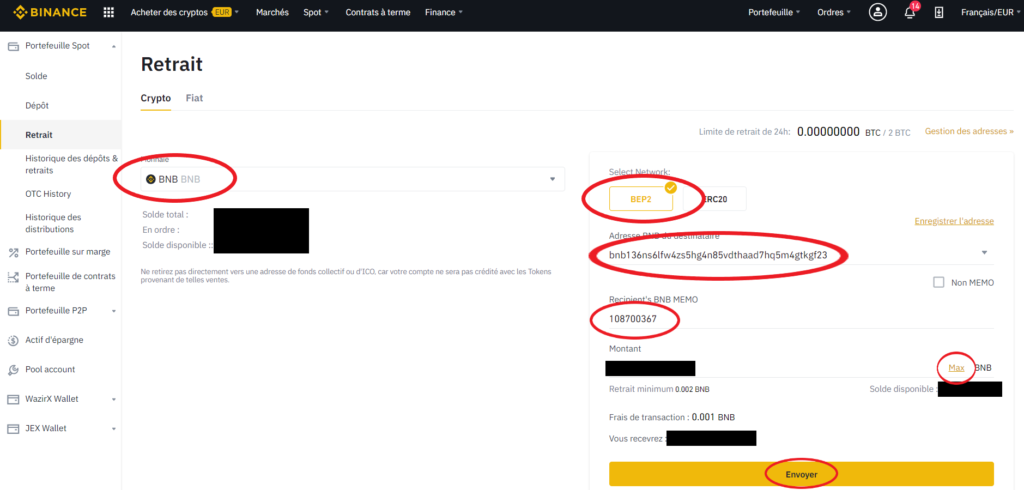 Retrait de Binance Coin BNB sur Binance