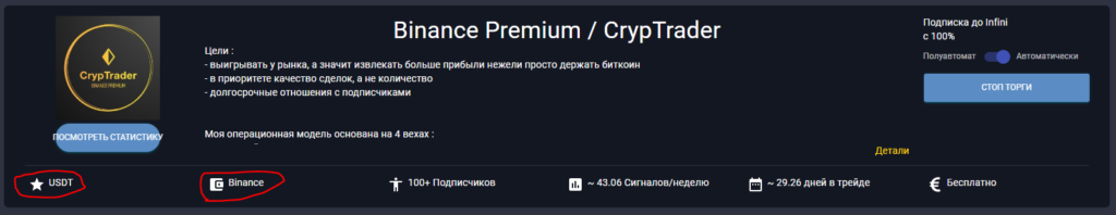 Выбор трейдера «Binance Premium / CrypTrader» для копирования сделок