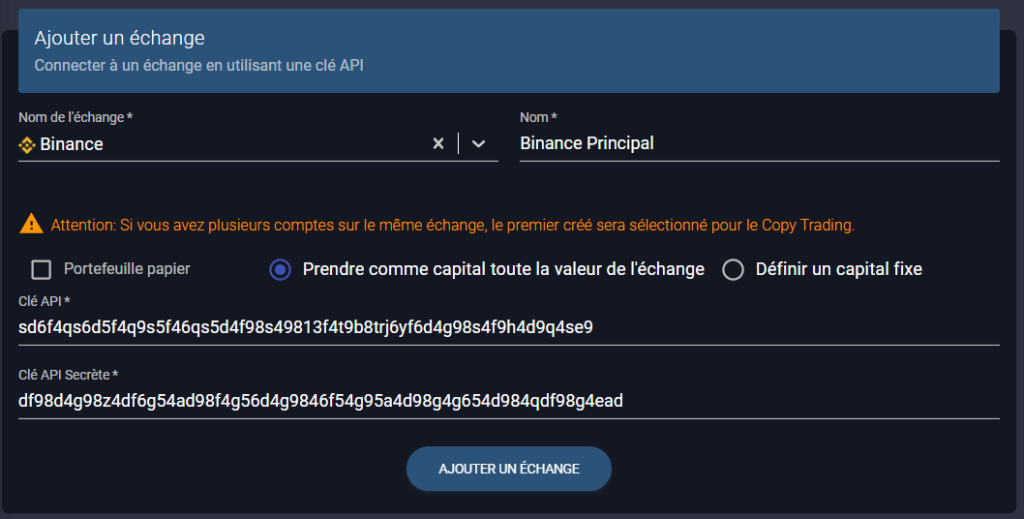 Lier Binance à Wall Of Traders par API