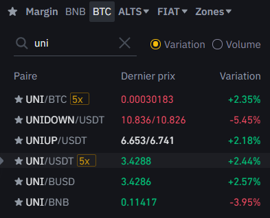 Choix de la paire sur Binance