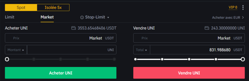 Vente au marché sur Binance