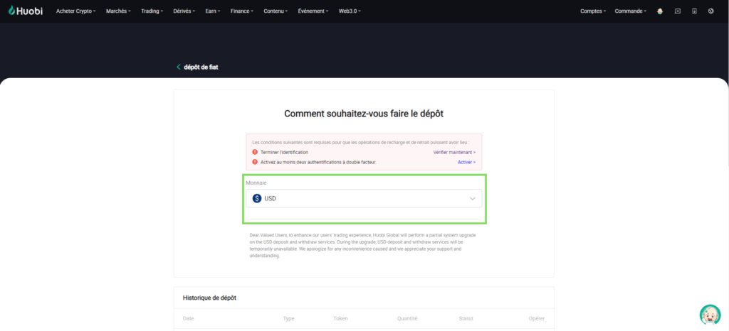 Comment transférer des fonds vers Huobi?