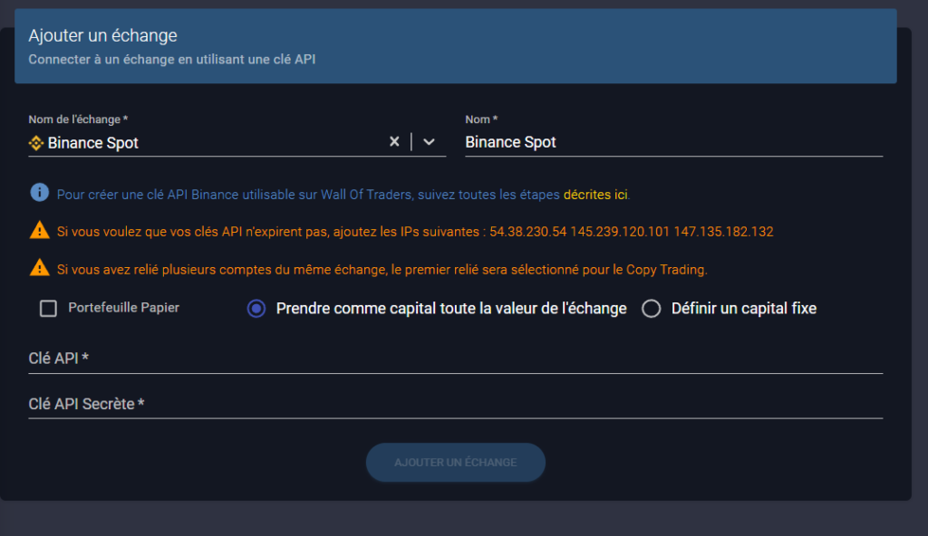 Copier Binance Leaderboard : Reliez votre clé API à votre compte Wall Of Traders