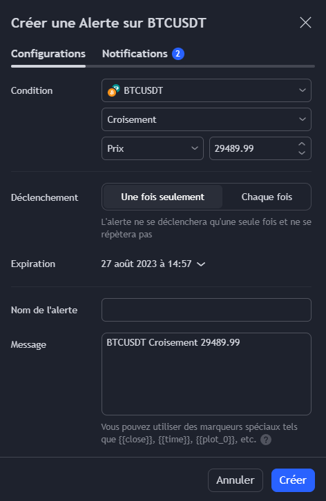Configuration d'alertes de trading sur Binance via TradingView